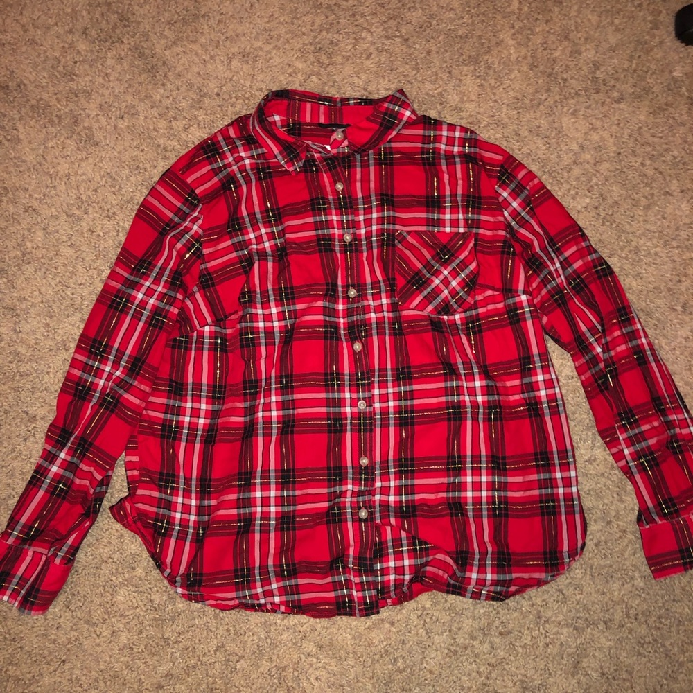 Shiny Red Plaid Button Down Top